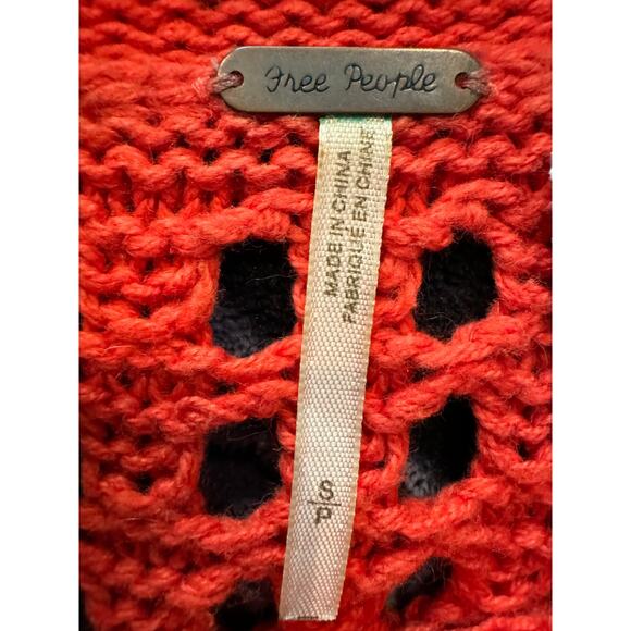 Free People Red Open Knit Mock Neck Sweater Unique Cable Chunky Oversized - Picture 6 of 7